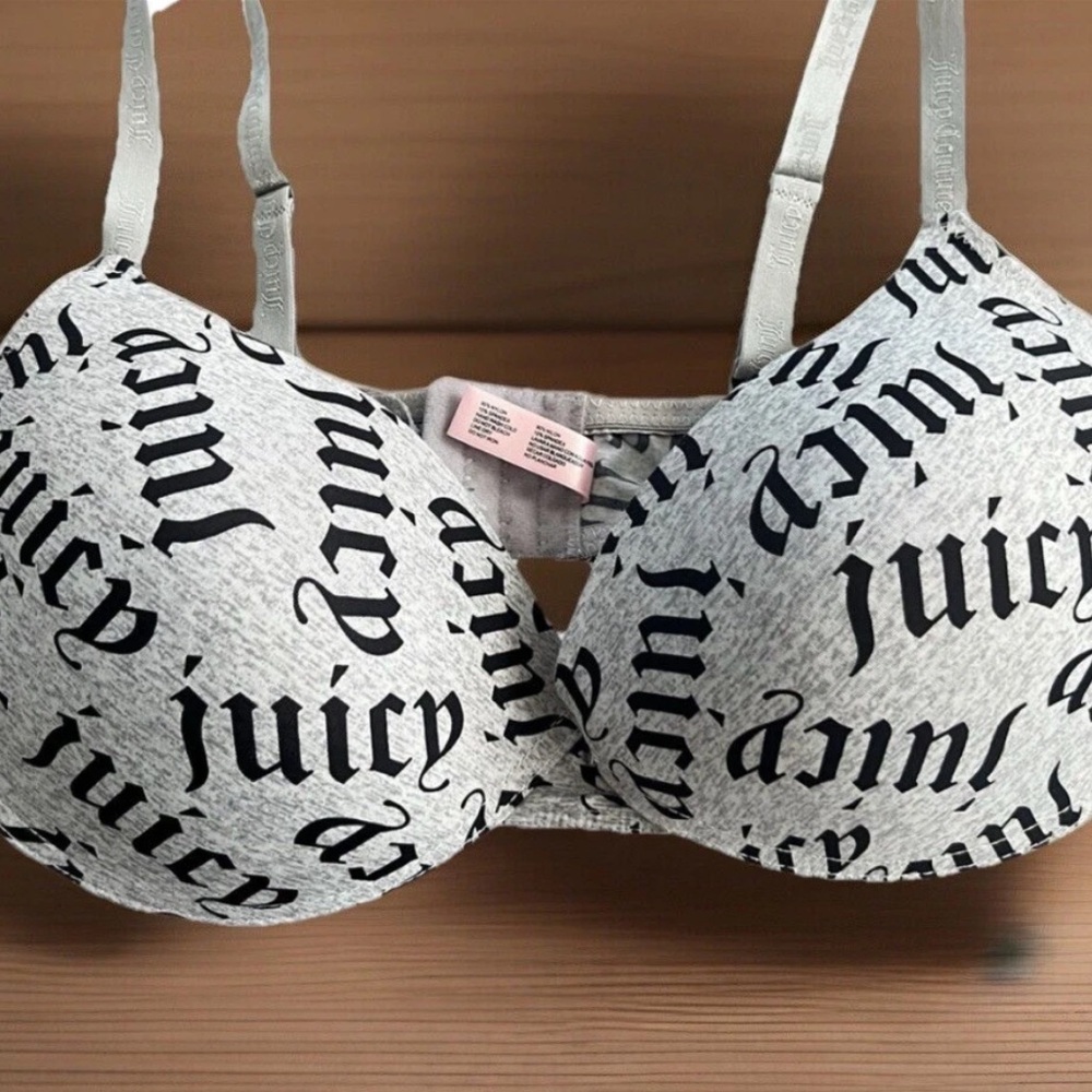JUICY COUTURE Bra 38DD Light Gray Black Knit Logo Wired Full Coverage Push Up